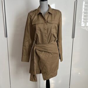 Derek Lam 10 Crosby Khaki Button Down Dress with Tie Wrap Cotton, Size 12